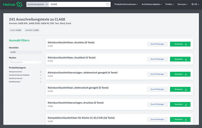 heinze.de: Ausschreibungstexte, Produktdaten und Architekturobjekte